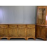 REPRODUCTION BURR WALNUT BREAKFRONT SIDEBOARD and a glass top corner display cabinet, unbranded