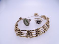 9CT GOLD & SILVER JEWELLERY, THREE ITEMS to include a gate link bracelet with padlock clasp and