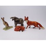 BESWICK MODELS (4) Elephant, Kangaroo and two foxes A/F