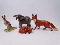 BESWICK MODELS (4) Elephant, Kangaroo and two foxes A/F