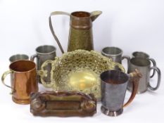 METALWARE - antique letter box marked 'M & P', bone handled EPNS tankard, pewter and other tankards,