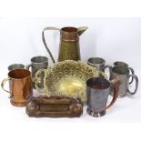 METALWARE - antique letter box marked 'M & P', bone handled EPNS tankard, pewter and other tankards,