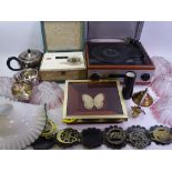HORSE BRASSES, electroplate tea service ware, vintage lighting, a framed butterfly, vintage wireless