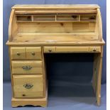 MODERN PINE TAMBOUR FRONT KNEE-HOLE DESK the top interior with an arrangement of pigeonholes over