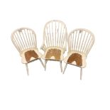THREE VINTAGE STYLE STICK BACK PAINTED FARMHOUSE CHAIRS (3) to include armchair, 105cms H, 59cms