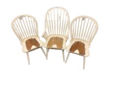 THREE VINTAGE STYLE STICK BACK PAINTED FARMHOUSE CHAIRS (3) to include armchair, 105cms H, 59cms