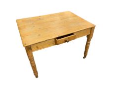 ANTIQUE STRIPPED PINE SINGLE DRAWER KITCHEN TABLE on turned and block supports with modern