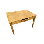 ANTIQUE STRIPPED PINE SINGLE DRAWER KITCHEN TABLE on turned and block supports with modern