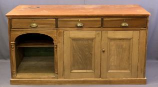 VINTAGE STRIPPED PINE DRESSER BASE with 2cms thick top over three frieze drawers with brass cup