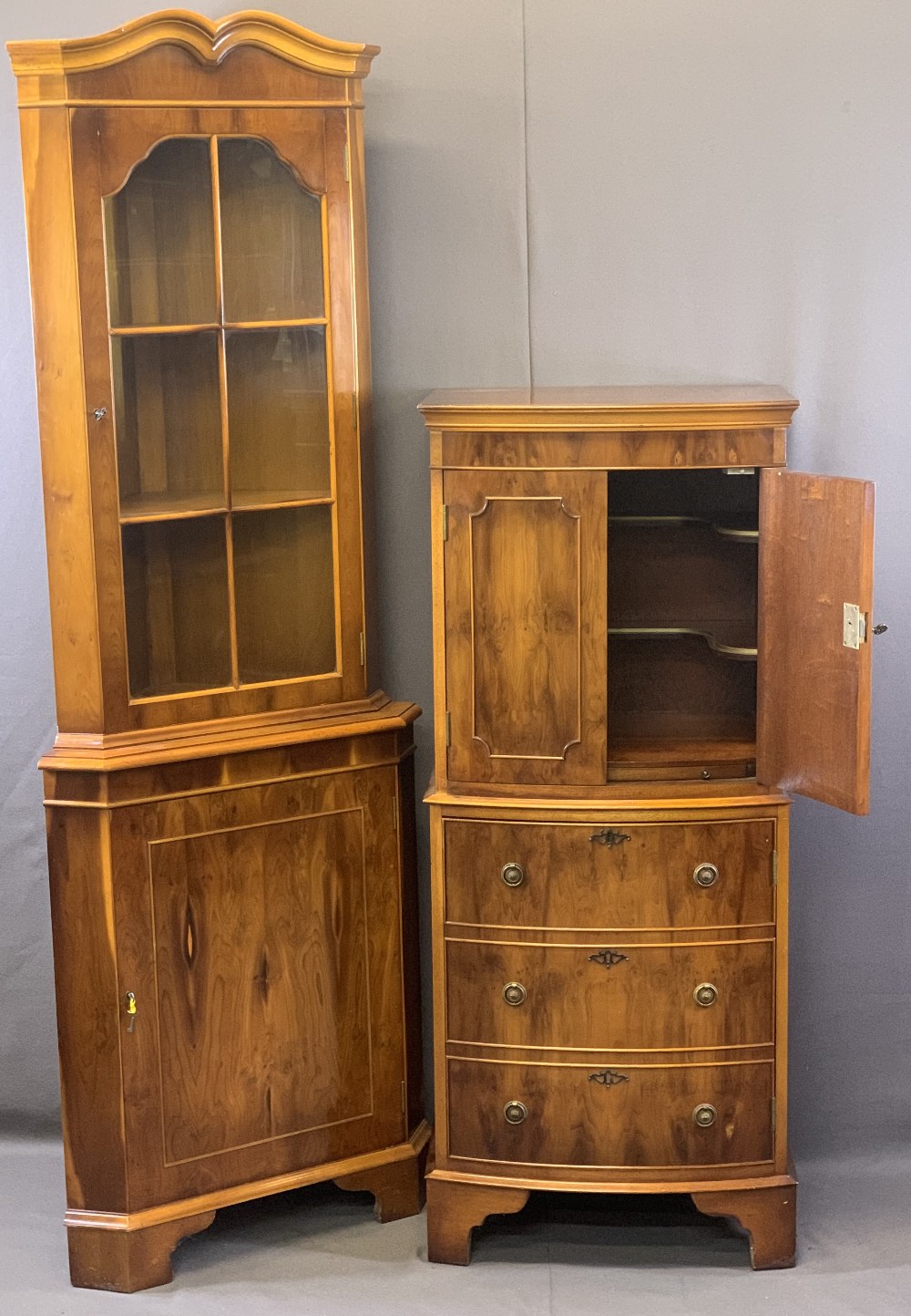 REPRODUCTION YEW WOOD PARLOUR FURNITURE, TWO ITEMS to include a bow fronted cocktail cabinet with