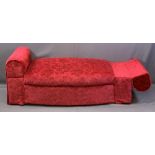 MODERN RED VELOUR UPHOLSTERED DAYBED/STORAGE BOX with drop-end arms, 57cms H, 147cms W, 66cms max D