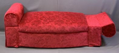 MODERN RED VELOUR UPHOLSTERED DAYBED/STORAGE BOX with drop-end arms, 57cms H, 147cms W, 66cms max D