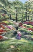 JILL FRY oil on board - Bonneted girl seated at river's edge, titled 'Exbury Gardens', signed and
