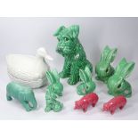 SYLVAC & OTHER ANIMAL FIGURINES to include a large, seated dog in green No 1380, original sticker