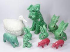 SYLVAC & OTHER ANIMAL FIGURINES to include a large, seated dog in green No 1380, original sticker