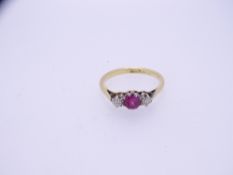 18CT GOLD & PLATINUM RUBY & TWO STONE DIAMOND RING, 2.4grms