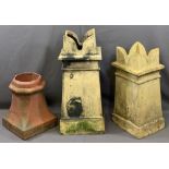 VINTAGE CHIMNEY POTS (3) including two castellated top examples, 78 and 66cm heights and a small