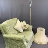 UNLABELLED LAURA ASHLEY ARMCHAIR and a modern satin brass standard lamp and shade, 83cms H, 89cms W,