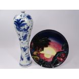 MOORCROFT POTTERY MILLENNIUM PLATE and a modern Chinese slender Blue & White vase, 22.5cms
