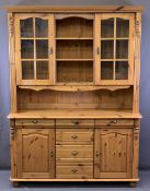 REPRODUCTION PINE GLASS TOP DRESSER having twin upper glazed doors and central shelving over a