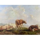 UNSIGNED oil on canvas - grazing cattle with boats to the background, 40 x 60cms