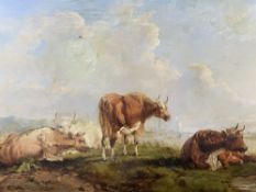 UNSIGNED oil on canvas - grazing cattle with boats to the background, 40 x 60cms