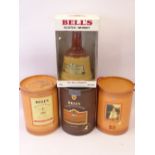 BOXED WADE WHISKY BELLS (4) WITH CONTENTS, three in canister shape presentation containers