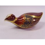 ROYAL CROWN DERBY BIRD PAPERWEIGHT WITH SILVER STOPPER, 14cms long