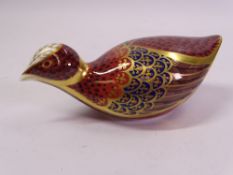 ROYAL CROWN DERBY BIRD PAPERWEIGHT WITH SILVER STOPPER, 14cms long