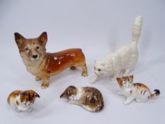 ROYA DOULTON MODELS OF CATS (4), 18cms the largest and a Melba ware Corgi