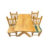 MODERN LIGHT OAK DINING TABLE & FOUR CHAIRS, the rectangular top on X frame supports, 76cms H,