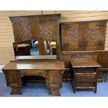 PRIOR STYLE OAK THREE PIECE BEDROOM SUITE, headboard and a small three drawer chest, the suite
