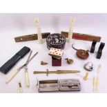 VINTAGE ASSORTMENT, curlers, inkwells, bone figures, spirit levels, mother of pearl box and other