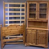 REPRODUCTION PINE GLASS TOPPED DRESSER and a 3ft single bed frame, 199cms H, 93cms W, 39cms D and