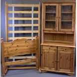 REPRODUCTION PINE GLASS TOPPED DRESSER and a 3ft single bed frame, 199cms H, 93cms W, 39cms D and