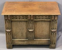 TEEANGEE REPRODUCTION OAK MINIATURE COFFER having a lidded top with moulded edging and carving to