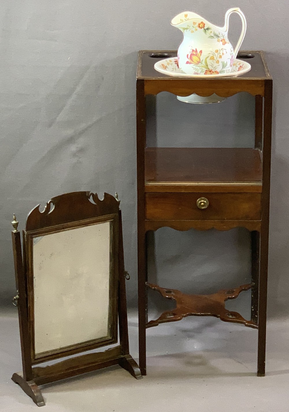 GEORGIAN MAHOGANY WASHSTAND and a similar period swing toilet mirror, the stand with top