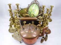 ANTIQUE & LATER BRASS & COPPERWARE a quantity to include a Victorian copper kettle with acorn