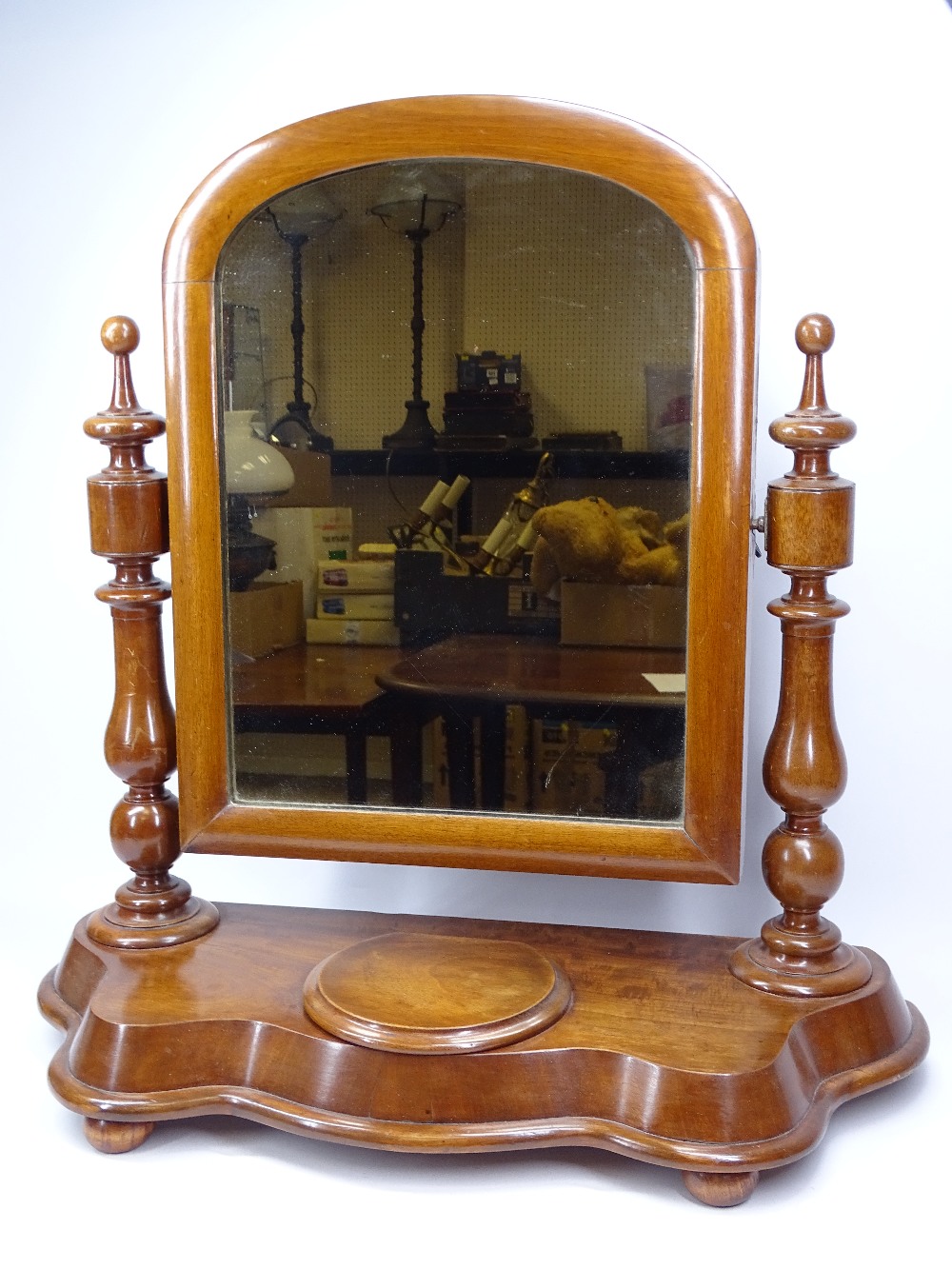 GOOD VICTORIAN MAHOGANY SWING TOILET MIRROR with lidded trinket dish to a shaped base, 60cms H,