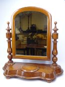 GOOD VICTORIAN MAHOGANY SWING TOILET MIRROR with lidded trinket dish to a shaped base, 60cms H,