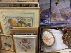 HOUSEHOLD LINEN & NEEDLEWORK GOODS with a framed quantity of floral and other prints and a