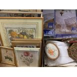 HOUSEHOLD LINEN & NEEDLEWORK GOODS with a framed quantity of floral and other prints and a