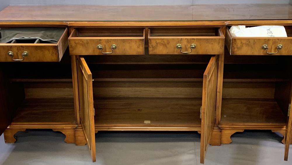 REPRODUCTION BURR WALNUT BREAKFRONT SIDEBOARD and a glass top corner display cabinet, unbranded - Image 2 of 5