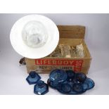 VINTAGE OIL LAMP CHIMNEYS, a quantity in a Lifebuoy Soap box, ceiling lamp and a blue cloud glass