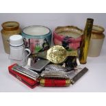 MIXED COLLECTABLES including three vintage harmonicas, Art Deco chrome tableware, other metalware,