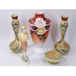 ROYAL WORCESTER WEST END GIRL FIGURINE, Grangers Worcester reticulated bowl and three Victorian Milk