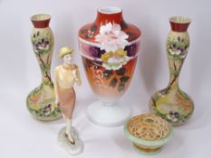 ROYAL WORCESTER WEST END GIRL FIGURINE, Grangers Worcester reticulated bowl and three Victorian Milk