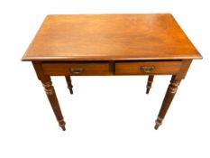 CIRCA 1900 MAHOGANY TWO DRAWER HALL TABLE on turned supports, 76.5cms H, 83.5cms W, 47cms D