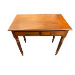 CIRCA 1900 MAHOGANY TWO DRAWER HALL TABLE on turned supports, 76.5cms H, 83.5cms W, 47cms D