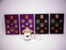 SMALL SILVER, TWO ITEMS and four proof coin sets, 7cms H child's christening tankard, Birmingham